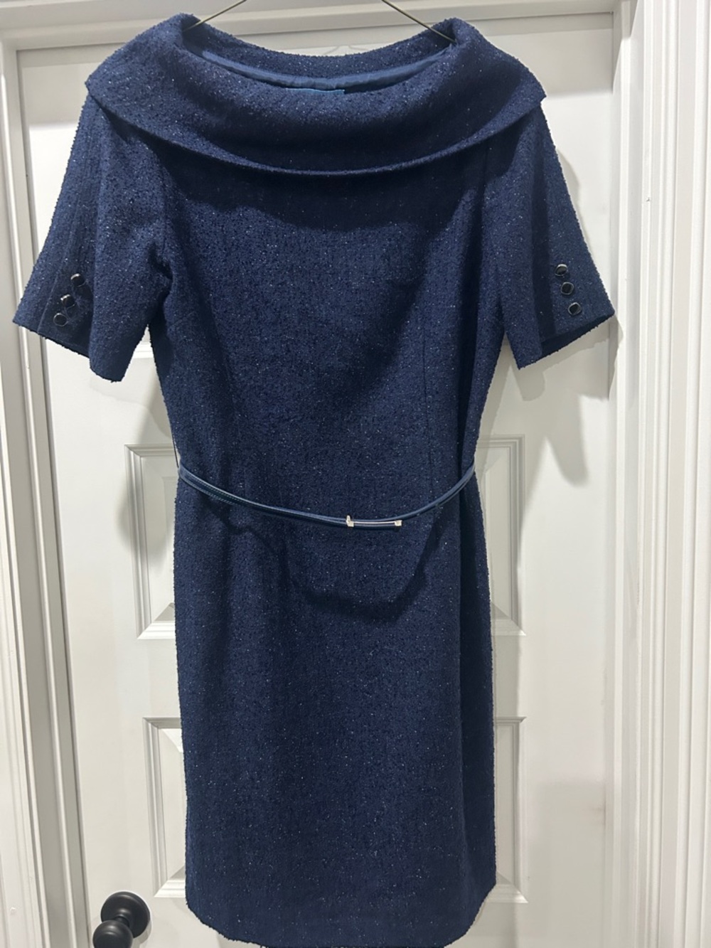 ANTONIO MELANI Navy Tweed Short-Sleeve Sheath Dress with Belt
